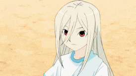 a girl with long white hair and red eyes