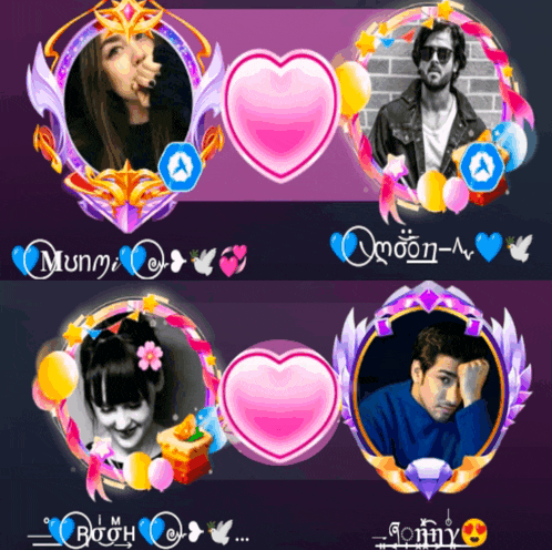 a woman and a man are surrounded by pink hearts and the name munm is on the bottom