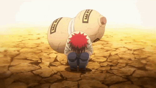 a cartoon character is kneeling down in the desert with two sand bags on his back