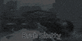 a black and white photo of a man holding a gun with the words bruh sketchy written on it .