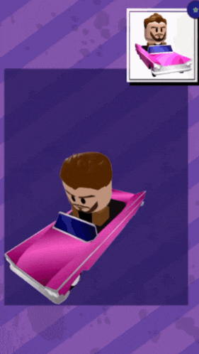 a man with a beard is driving a pink toy car