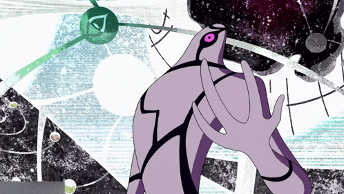 a cartoon drawing of a purple alien with a purple eye