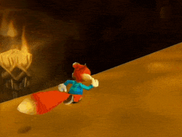 a cartoon character in a red cape is standing on a yellow surface .