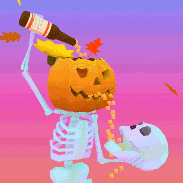 a skeleton is pouring beer into a pumpkin