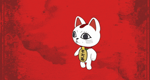 a cartoon cat is holding a purse with chinese writing on it
