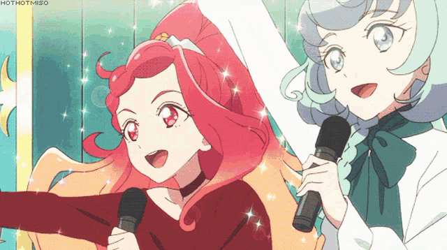 two anime girls singing into microphones with the hashtag hothotmiso