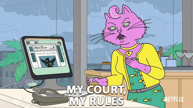 a cartoon of a cat with the words my court my rules