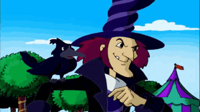 a cartoon of a witch with a black bird sitting on her head