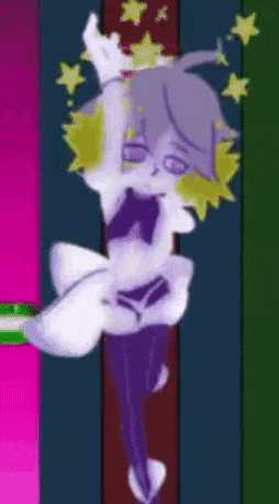 a cartoon character is dancing in front of a pink , green , and blue background .