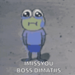 a cartoon frog wearing a blue shirt and shorts is crying and says `` i miss you boss dimatius '' .