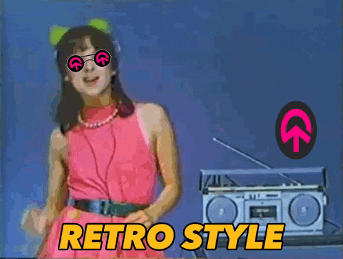 a woman in a pink dress is dancing in front of a boombox and the words retro style are visible