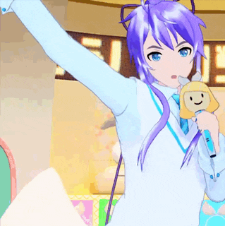 a girl with purple hair is holding a microphone