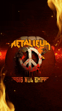 a metallica logo with a peace sign in the middle of it