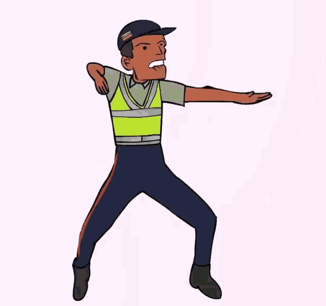 a cartoon of a police officer with his arms outstretched and a hat .
