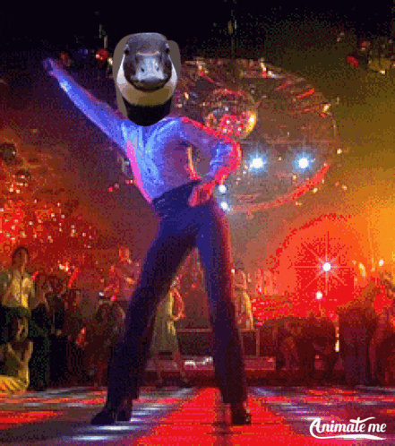 a picture of a man dancing with a horse head on his head