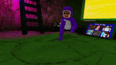 a purple stuffed animal is sitting in front of a screen that says message of the day