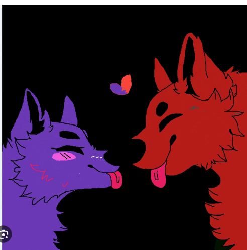 a drawing of a purple and red wolf licking each other 's noses
