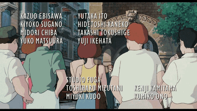 a group of people are standing in front of a building with their names written on the bottom of the screen