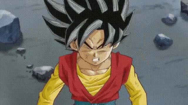 a cartoon character from dragon ball z is standing in a field with rocks .