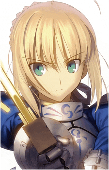a girl with blonde hair and green eyes holds a sword