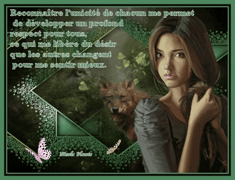 a picture of a woman and a wolf with a french quote
