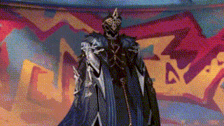 a man in a costume is standing in front of a colorful background .