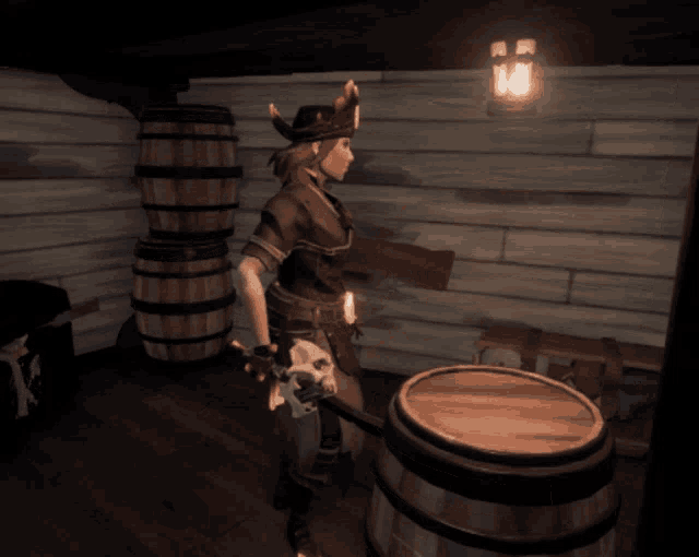 a woman in a pirate outfit is holding a skull
