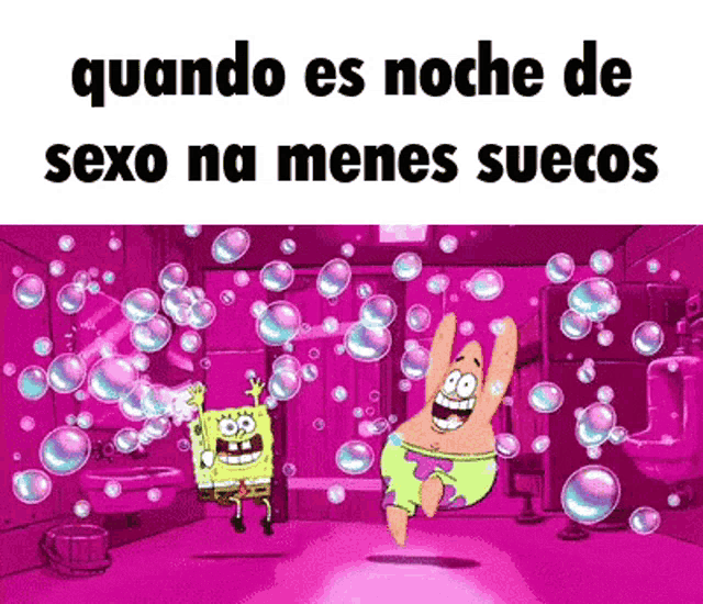 spongebob and patrick are dancing in a bathroom surrounded by soap bubbles