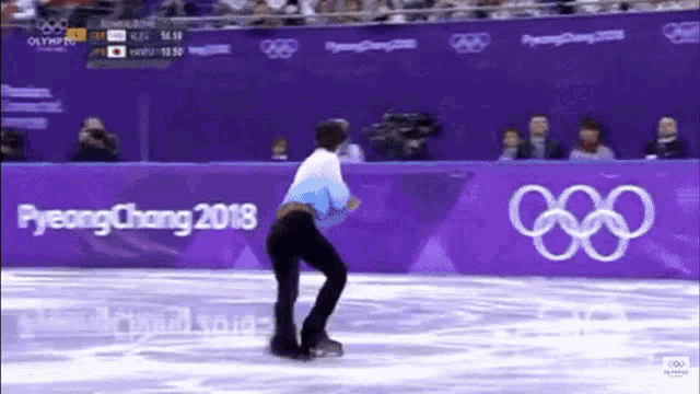 a man is ice skating in front of a pyeongchang 2018 sign
