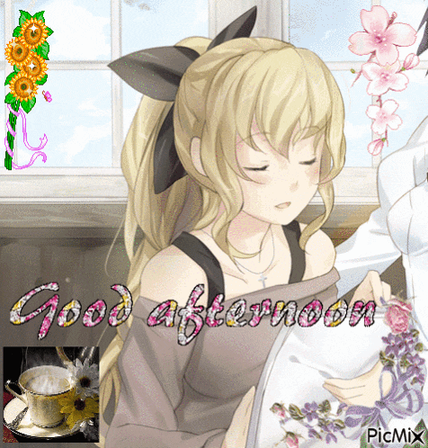 a picture of a girl with the words " good afternoon " on it