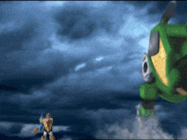 an animated scene of a robot and a green monster