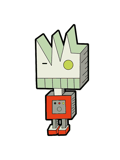 a cartoon drawing of a robot with a green crown on its head