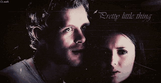 a man and a woman are looking at each other and the words pretty little thing are on the bottom