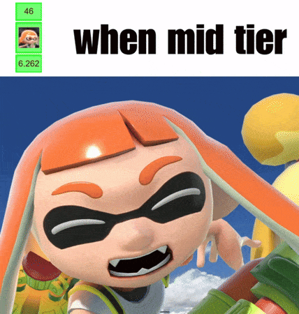 a cartoon character with the words " when mid tier " above it