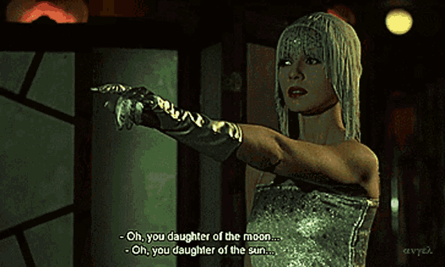 a woman in a silver dress is saying oh you daughter of the moon