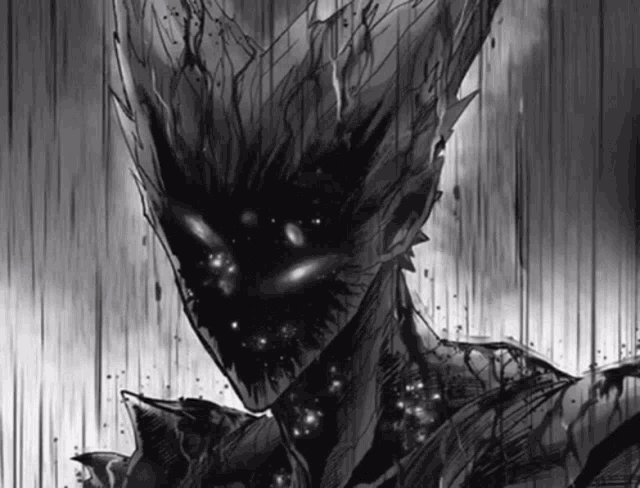a black and white drawing of a demon with a glowing face
