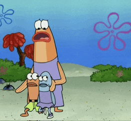 a group of cartoon characters standing on a sandy beach