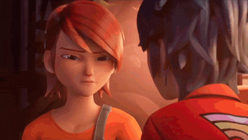 a couple of cartoon characters are looking at each other and one has red hair