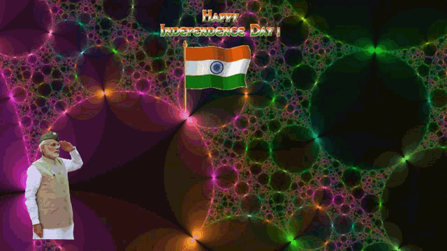 a happy independence day greeting with a man saluting and a flag