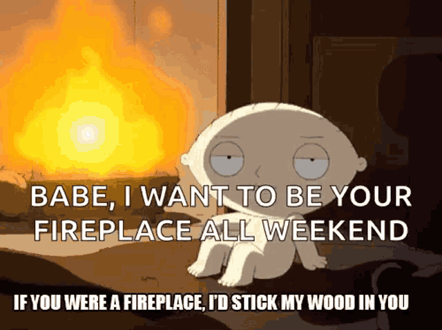 stewie from family guy is sitting in front of a fireplace