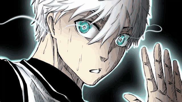 a drawing of a boy with white hair and green eyes