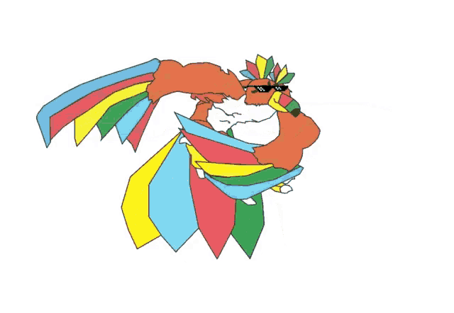 a cartoon drawing of a colorful bird with sunglasses on