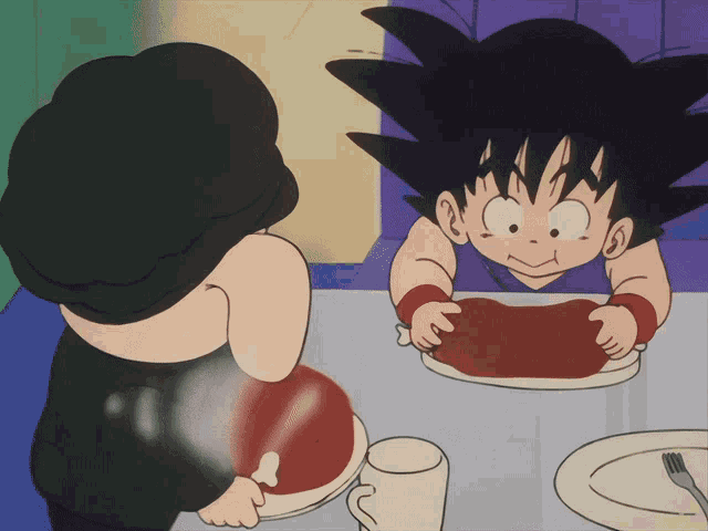 a cartoon of a boy holding a piece of meat on a plate