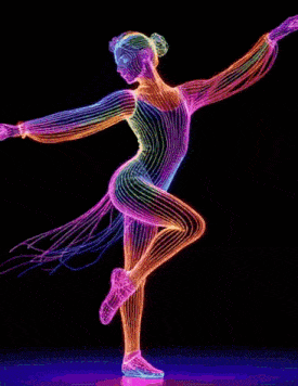 a colorful dancing figure with a long tail