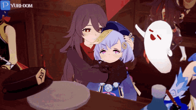 a cartoon of a girl hugging another girl with a ghost in the background