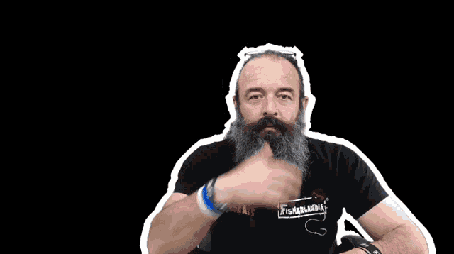 a man with a beard is wearing a black shirt that says fisherman 's
