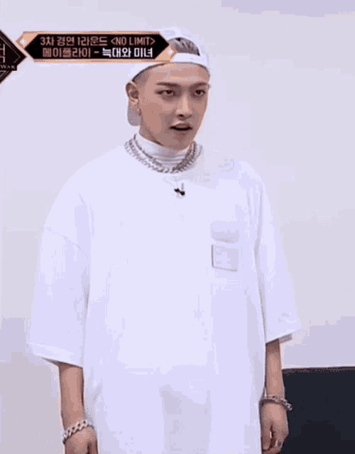 a man wearing a white t-shirt and a white hat is standing in front of a wall .