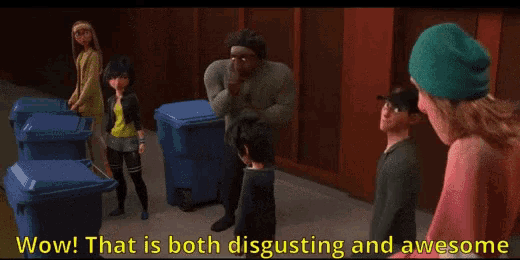 a cartoon scene with the words wow that is both disgusting and awesome at the top