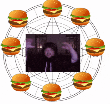 a ferris wheel surrounded by hamburgers with a picture of a man in the middle