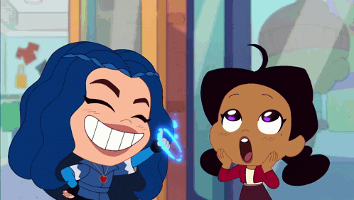 a girl with blue hair is smiling next to a girl with black hair